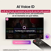 LG TV LG NanoCell AI 75'' │ UHD 4K │ Procesador Alpha 7 4K Gen8, La pantalla de una LG TV con un AI Magic Remote de fondo. El botón de IA está resaltado y con un globo de texto: Sugiere una película que me guste. En la pantalla, se muestra el ícono de usuario E, qu, 75NANO80ASA, thumbnail 9